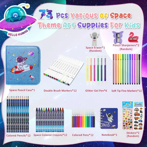 Vista 2 de JAMIEWIN Juego de marcadores con estuche espacial con purpurina, 73 piezas de suministros de arte y manualidades para niños, regalos para niños de 4