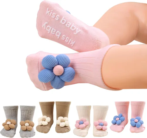 Vista 7 de Paquete de 4 calcetines antideslizantes de flores con empuñaduras para bebés recién nacidos, niñas y niños pequeños