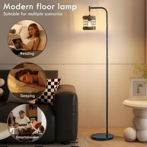 Vista 5 de Lámpara de pie industrial de 67 pulgadas con pantalla de madera y metal negro, lámpara de pie moderna, lámpara alta rústica estilo granja para sala