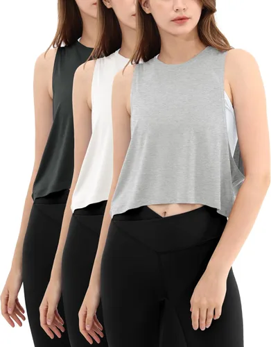 Vista 20 de ODODOS Paquete de 3 camisetas sin mangas sueltas para mujer, camisetas sin mangas para gimnasio, atletismo, entrenamiento, camisetas de yoga