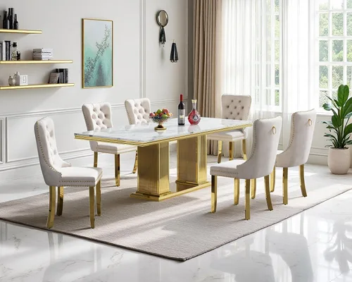 Vista 12 de Juego de mesa de comedor de mármol para 4, mesa de cocina rectangular de mármol negro de 68 pulgadas con base en H de acero inoxidable dorado, juego