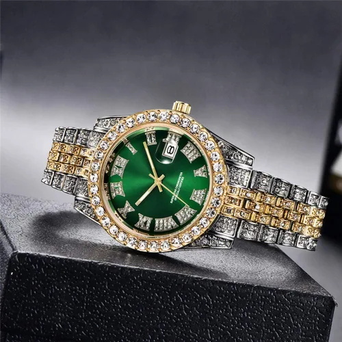 Vista 8 de Relojes de hip hop para hombre, relojes de cuarzo de lujo con diamantes brillantes con fecha