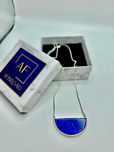 Vista 4 de Collar de lapislázuli azul afgano 100% natural y original con colgante de plata 925 de 19 pulgadas para niñas, mujeres y novias para el día de San
