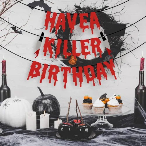 Vista 7 de Quimoy Decoraciones de cumpleaños Have a Killer, decoraciones de pancarta de Halloween, con 12 calcomanías de pared de murciélagos para decoración