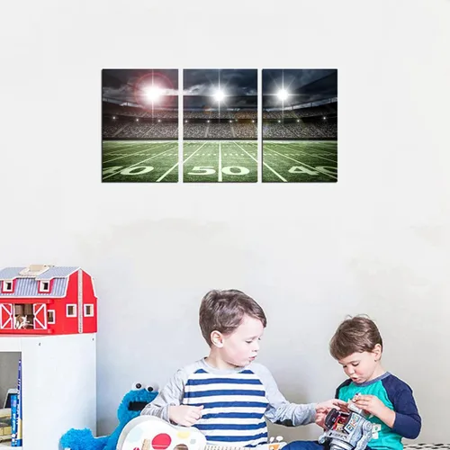 Vista 7 de TAOMI Lienzo decorativo para pared de rugby Field Match Sport Spot Light para habitación de los niños, dormitorio, 3 piezas, arte moderno, fútbol