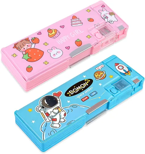 Vista 8 de Paquete de 2: estuche multifunción desplegable para niñas y niños, lindo organizador de dibujos animados con sacapuntas, horario, el mejor regalo