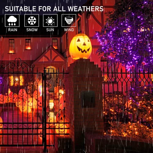 Vista 5 de weillsnow Luces de Halloween Moradas y Naranjas, 200 LED 66 Pies con Enchufe Luces de Cadena de Halloween Impermeables, 8 Modos con Memoria