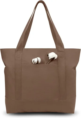 Vista 9 de TOPDesign Paquete de 1 bolsa de lona con bolsillo externo, bolsa de compras reutilizable para comestibles, cierre de cremallera superior, artículos