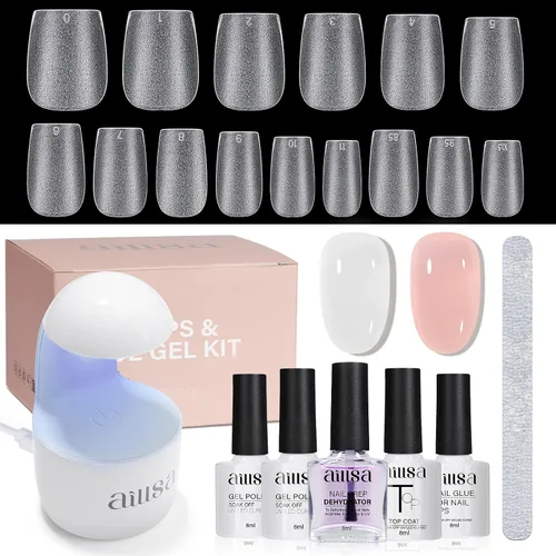 Vista 9 de AILLSA Kit de uñas almendra con lámpara UV, 240 piezas de puntas de uñas cortas de gel y kit de pegamento en gel con pegamento de uñas 2 en 1, capa