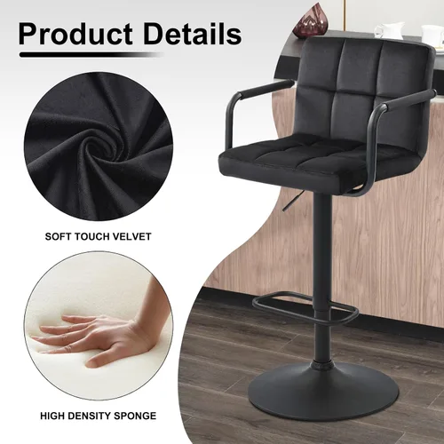 Vista 5 de Furnimart Juego de 4 taburetes de bar ajustables giratorios con reposabrazos y reposapiés, sillas de bar tapizadas para cocina y comedor Terciopelo