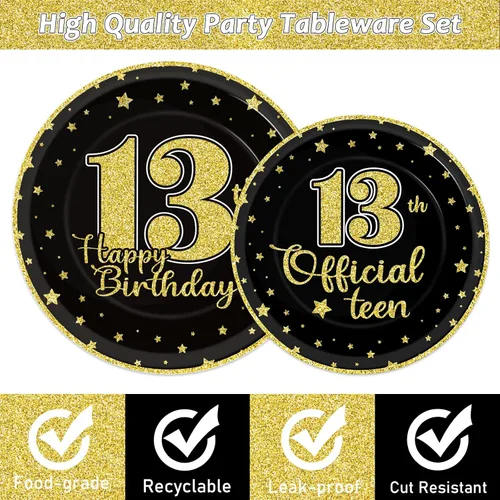 Vista 3 de Juego de vajilla de 96 piezas para cumpleaños número 13, platos desechables oficiales para adolescentes de 13 años, platos de fiesta de cumpleaños