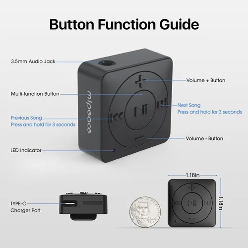 Vista 6 de MIPEACE Adaptador Bluetooth para auriculares, receptor Bluetooth auxiliar de 0.138 in con Bluetooth 5.3, llamadas manos libres, micrófono integrado