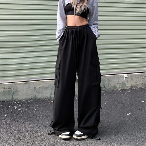 Vista 8 de Pantalones de mujer Y2k Cargo Gothic Baggy Pantalones de cintura alta Harajuku Streetwear Pantalones de paracaídas para hombre