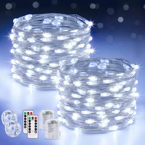 Vista 23 de JMEXSUSS Paquete de 2 Luces de Hadas Verdes a Batería, Total 200 LED 66 pies Luces de Cadena Parpadeantes con Control Remoto, 8 Modos de Luces