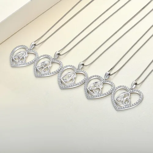 Vista 5 de YL Collar con inicial de plata de ley 925 con colgante de letra de corazón de la A a la Z para mujer