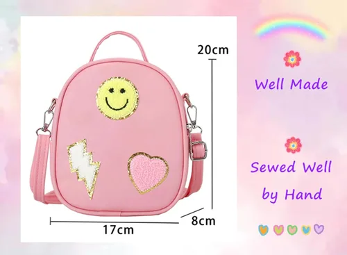 Vista 6 de Bolsa cruzada con parche de arcoíris y cara feliz para niñas, bolso cruzado pequeño para niñas pequeñas, bolso pequeño para teléfono, Rosado