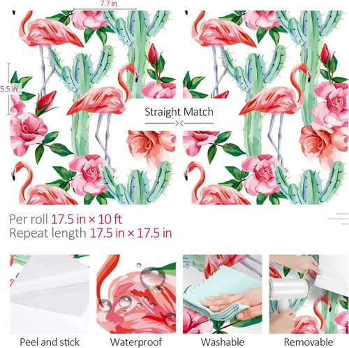 Vista 6 de ReWallpaper Papel tapiz de flamenco rosa con cactus tropical, para despegar y pegar, extraíble, de 17.5 x 10 pies, papel de contacto floral
