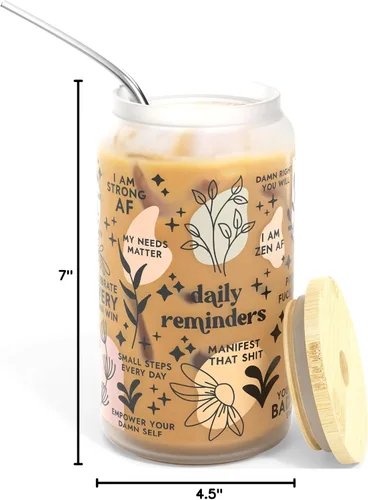 Vista 8 de Taza de Café Helado de Afirmación Diaria [Esmerilada], Tazas de Vidrio con Tapas y Popotes de Bambú Tarro Mason de 16 oz de Vasos para Beber