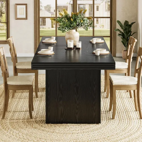 Vista 6 de Tribesigns Mesa de comedor de granja de 63 pulgadas para 6, mesa de cocina moderna con línea acanalada para comedor, sala de estar, color negro