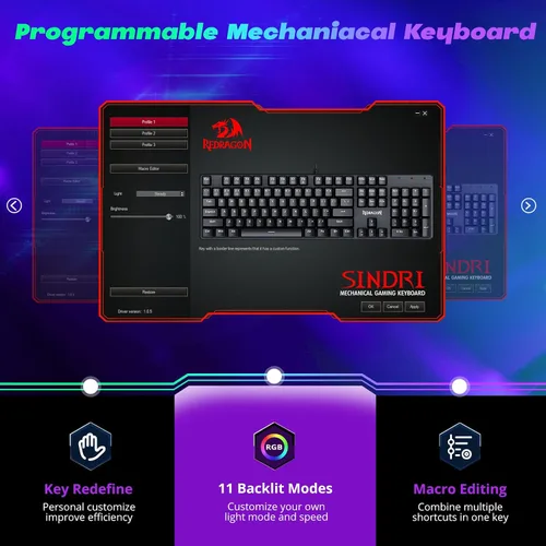 Vista 4 de Redragon Teclado Mecánico para Juegos con Cable, 11 Modos Retroiluminados Programables, Interruptor Rojo Intercambiable en Caliente, Anti-Ghosting