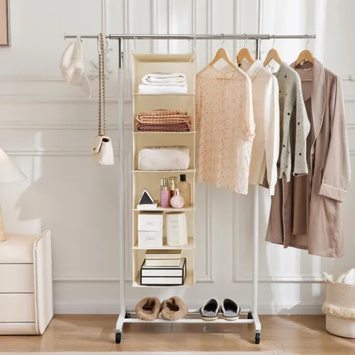 Vista 4 de MAX Houser Organizador colgante de armario de 6 niveles, estante colgante de tela con 2 ganchos resistentes para almacenamiento, plegable (beige)