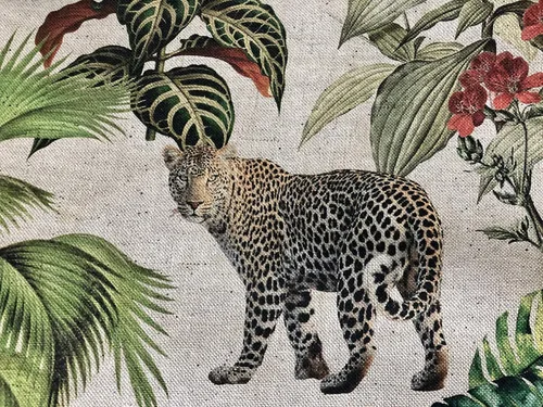 Vista 4 de Safari Zoo - Tela con estampado digital de animales africanos, selva tropical, palmera, hoja de flores, aspecto de lino, 54 pulgadas de ancho