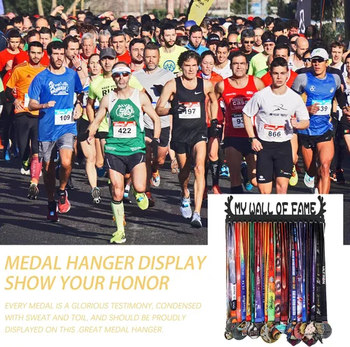 Vista 3 de Goutoports Estante de trofeos personalizado para medallas, estante de exhibición de medallas deportivas con madera, color de texto e imágenes