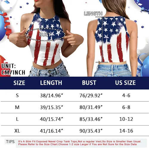 Vista 6 de Camiseta corta con bandera estadounidense para mujer, patriótica de Estados Unidos, para el 4 de julio, sexy, expuesta, suave, para verano, sin