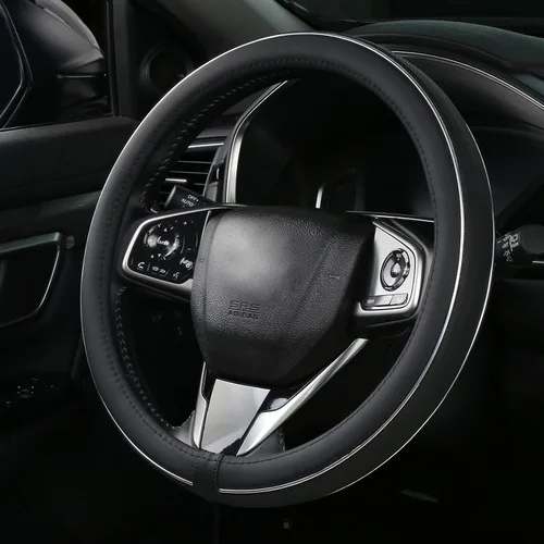 Vista 3 de ALEMODR Funda de cuero negro para volante de coche, cubierta universal de 15 pulgadas para hombres