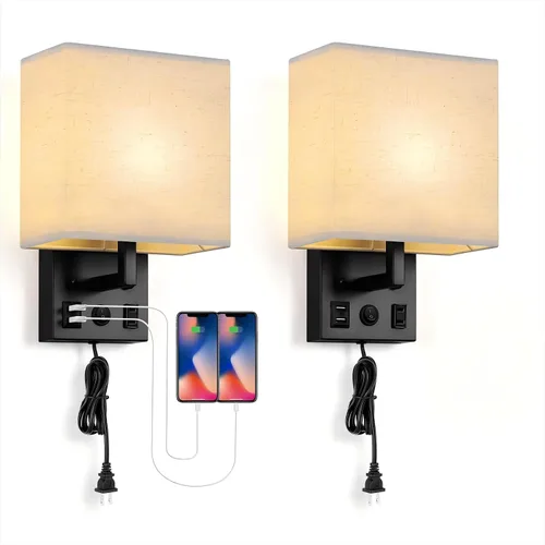 Vista 8 de BTY Juego de 2 apliques de pared modernos, lámparas de pared para dormitorio, enchufe con puertos de carga USB, apliques de enchufe de CA