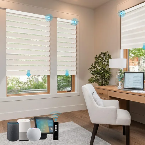 Vista 32 de SmartWings Persianas motorizadas de cebra con cenefa funcionan con Homekit Thread Alexa Z-Wave Smart de doble capa con control remoto, persiana
