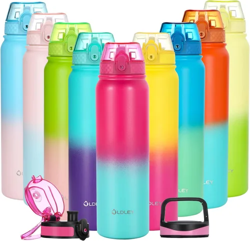 Vista 7 de Oldley Botella de Agua Aislada con Pajilla de 20oz, Botellas de Agua de Acero Inoxidable con 3 Tapas, Aislamiento al Vacío de Doble Pared Térmica