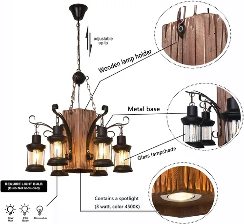 Vista 6 de OUKANING Lámpara colgante de madera envejecida, estilo retro, rústica, línea de luz de techo de suspensión industrial que se puede ajustar para mesa