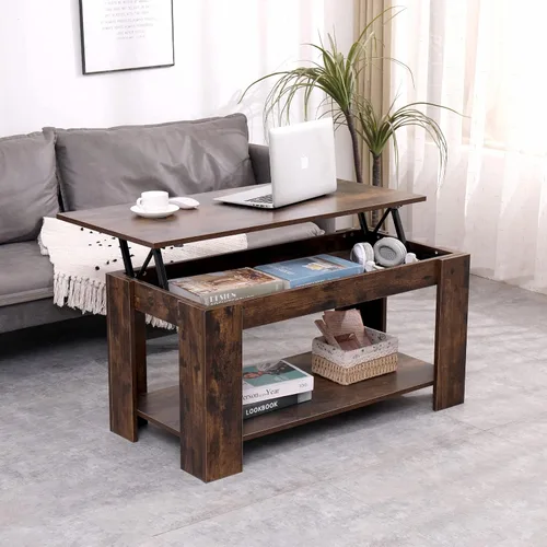 Vista 2 de Mesa auxiliar elevable con compartimento oculto y estante de almacenamiento, mesa elevada para sala de estar y sala de recepción (marrón rústico)