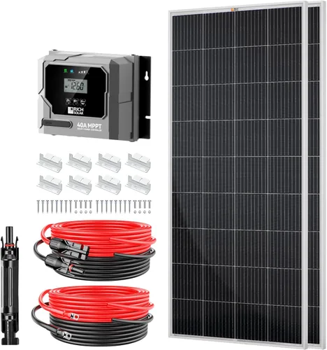 Vista 11 de RICH SOLAR El kit solar de 100 vatios contiene panel monocristalino de alta eficiencia de 100 W con 9 barras colectoras y controlador MPPT de 20 A