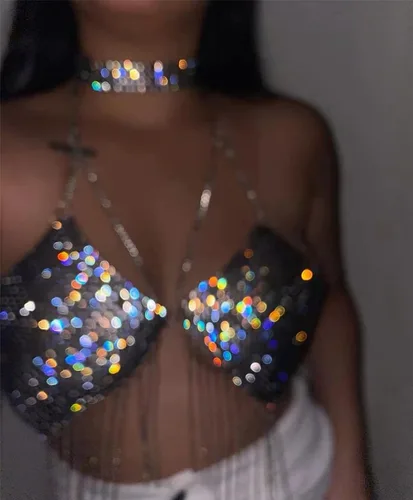 Vista 3 de Camiseta corta sin espalda con diamantes de imitación brillantes para mujer, sexy, halter, transparente, para salir por la noche, fiesta, club