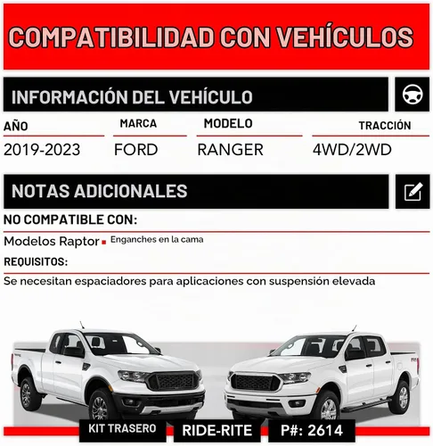 Vista 2 de Firestone Airide Ride-Rite - Kit de suspensión neumática con montaje para Ranger 2019-2023 100 PSI Capacidad de 5000 libras Instalación sin