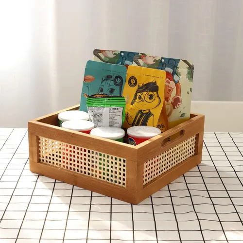 Vista 2 de YAHUAN Cesta de madera tejida de madera para almacenamiento, cesta de bambú con asas integradas para despensa de cocina, gabinete, oficina