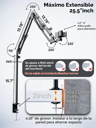 Vista 5 de CACENCAN Brazo articulado, soporte de micrófono giratorio de 360° con montaje de escritorio, brazo de micrófono de escritorio plegable con adaptador