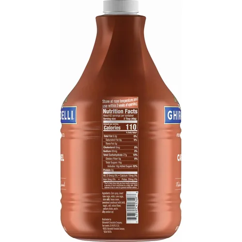 Vista 3 de Ghirardelli Salsa de caramelo, botella de 87.3 onzas (5 libras 7.3 onzas) con cuchara y bomba de barista estampada Ghirardelli
