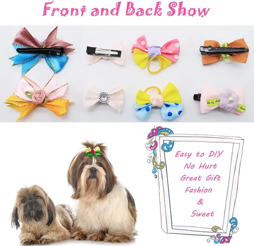 Vista 4 de 200 lazos para el pelo de perro, 100 pares de lazos de metal con clip para perro con perlas y flores para peluquero, niño, niña, Yorkie, cachorros