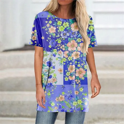 Vista 3 de Blusas con estampado retro de temperamento para mujer, de manga corta, transpirable, con cuello redondo y elástico