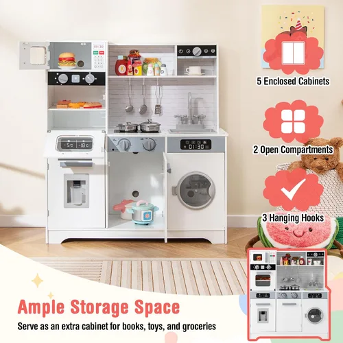 Vista 5 de Costzon Juego de cocina para niños, juego de madera para niños pequeños con luces y sonidos reales, fregadero, grifo, dispensador de agua, Blanco