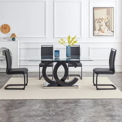Vista 3 de Ebullient Mesa de comedor de vidrio de 63 pulgadas, mesa de cocina rectangular de vidrio con base de diseño OC negro, mesa de comedor con parte