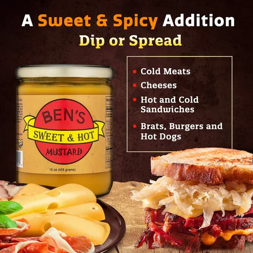 Vista 3 de Ben's Sweet & Hot Mostaza picante salsa de mostaza y mostaza amarilla para untar delicatessen, mostaza natural, dulce y caliente, 16 onzas