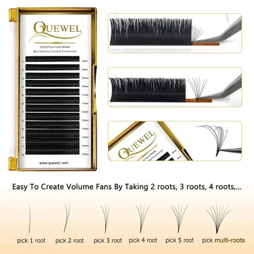 Vista 4 de QUEWEL - Extensiones de pestañas de ventilación fácil de 0.03 mm, rizado CC, extensiones de pestañas de 8-15 mm, bandejas de pestañas mixtas
