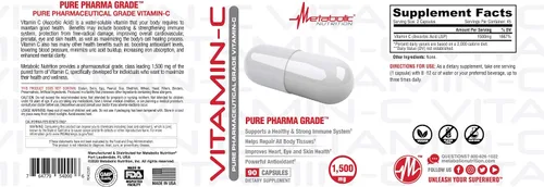 Vista 4 de Metabolic Nutrition Vitamina C, 1500 mg, grado farmacéutico puro, cápsulas de ácido ascórbico de alta absorción (90 cápsulas)