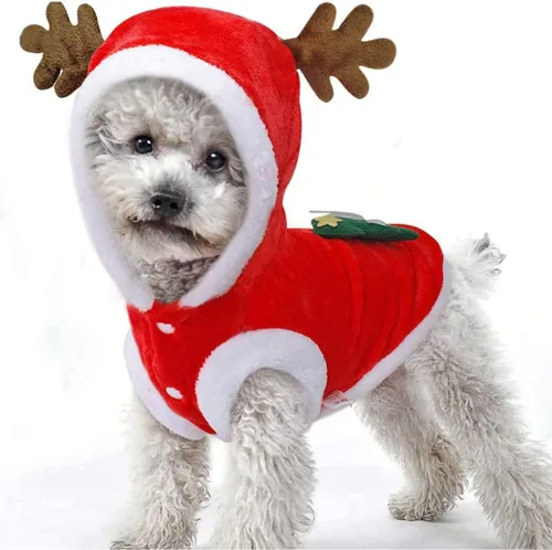 Vista 8 de Disfraces de Navidad para perros, abrigo de suéter para mascotas para clima frío, traje de reno de Papá Noel, sudadera con capucha de invierno