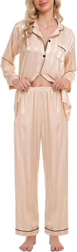 Vista 2 de SWOMOG - Pijama de satén de seda para mujer, conjunto de dos piezas con botones, ropa de dormir