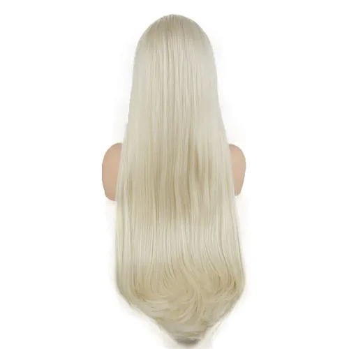 Vista 5 de Pelucas de cabello liso súper largo de 28 pulgadas, mezcla de rubio claro blanco, densidad pesada, pelucas sintéticas con encaje frontal